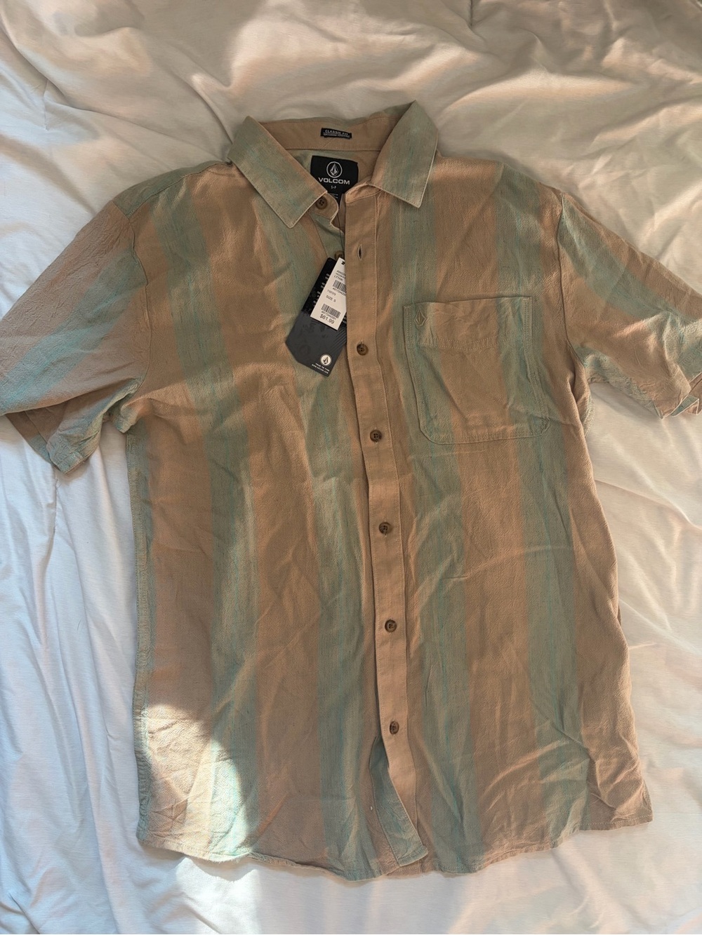 Volcom Short-Sleeve Button-Down Shirt in Tan and Light Green